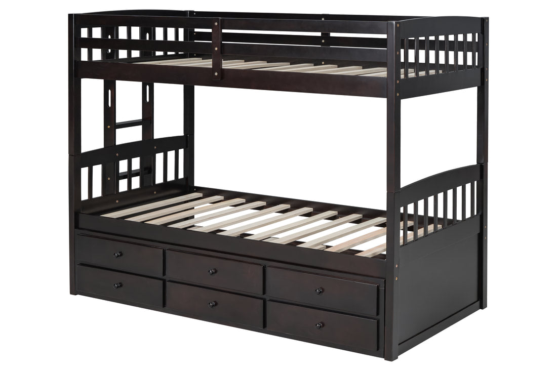 BB40 TWIN/TWIN Bunk Bed w/Twin Trundle + 3 Drawers Espresso (HH)