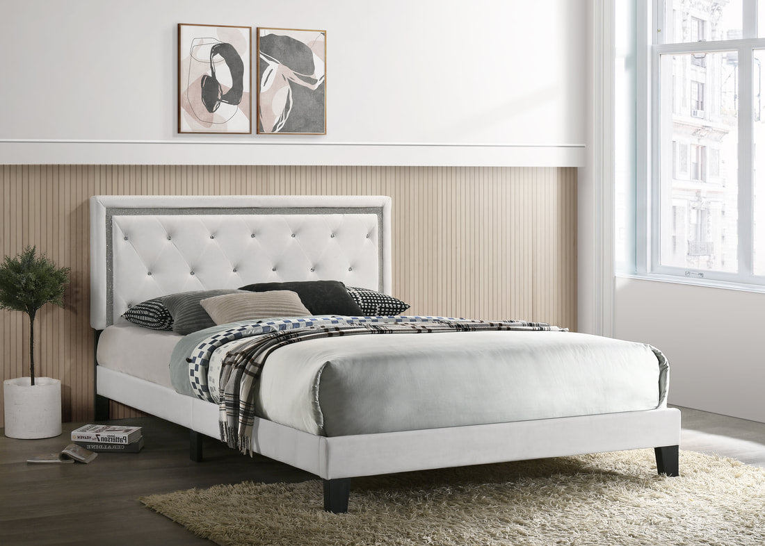 Passion White Velvet Platform Bed - Twin, Full, Queen, King (HH)
