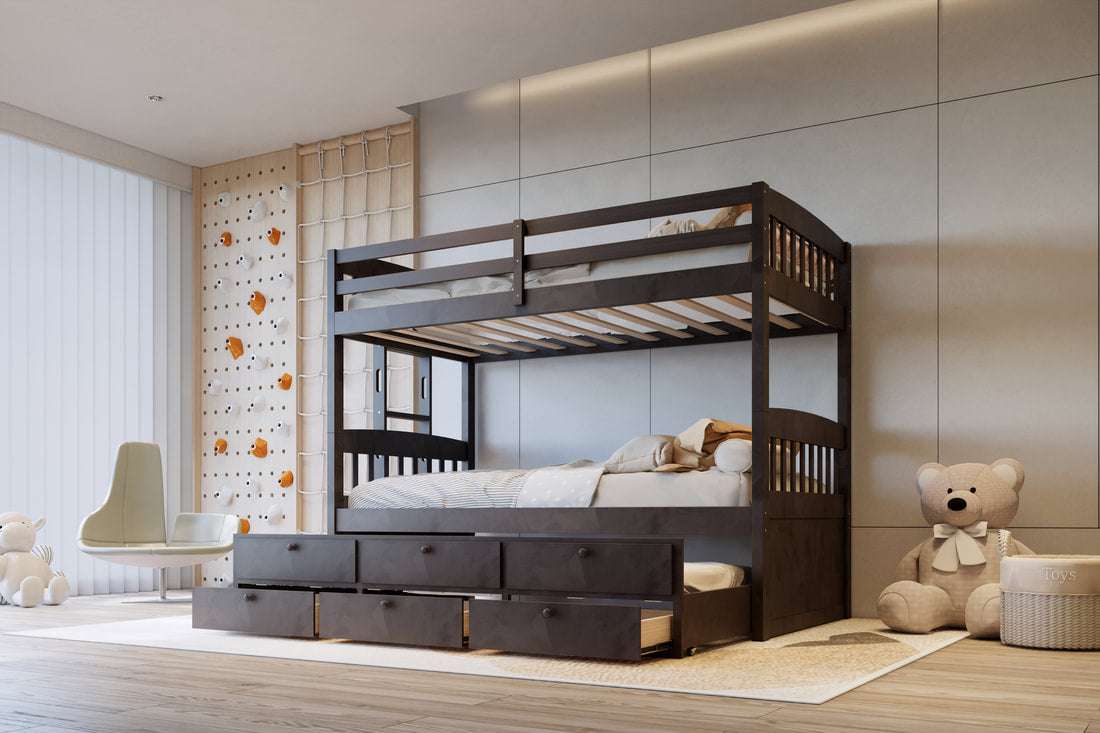 BB40 TWIN/TWIN Bunk Bed w/Twin Trundle + 3 Drawers Espresso (HH)