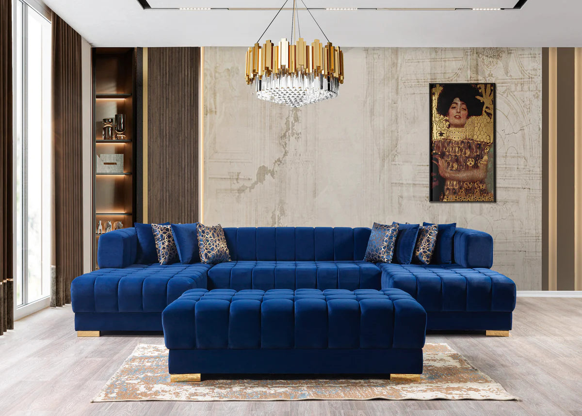 Ariana Blue Velvet Double Chaise 138" Sectional (N)