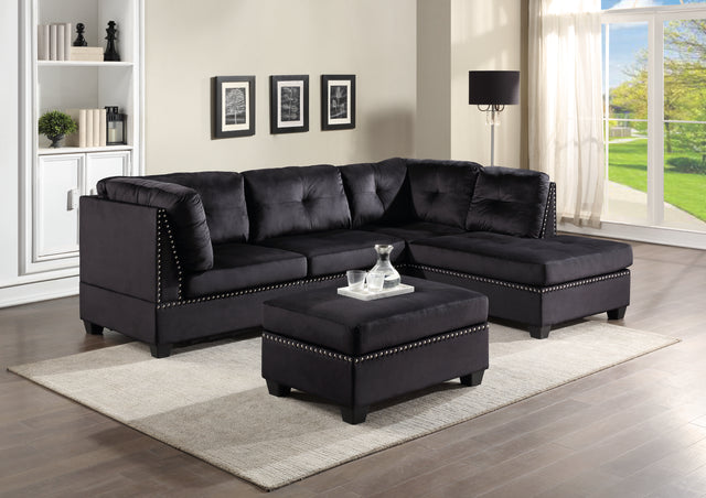 Sienna - Black Velvet Sectional + Ottoman Set (HH)