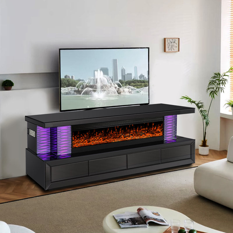 A98 TV STAND W/FIREPLACE (Glass/Mirror (BLACK)) (HH)