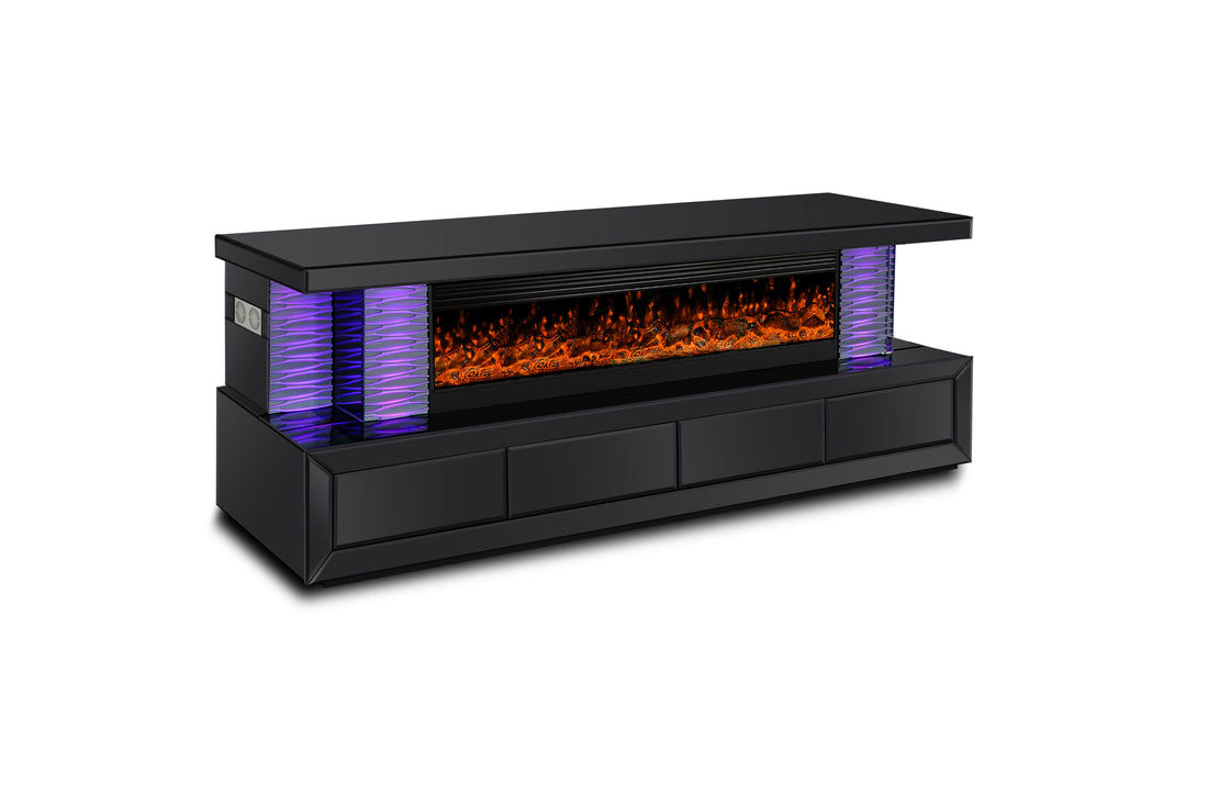 A98 TV STAND W/FIREPLACE (Glass/Mirror (BLACK)) (HH)