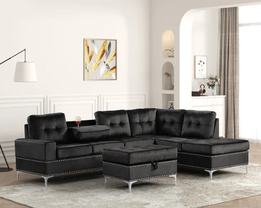 Anserra Black Reversible Sectional + Ottoman Set (HH)