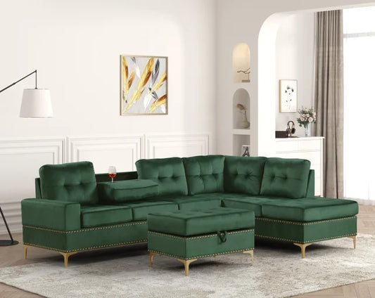 Anserra Green Reversible Sectional + Ottoman Set (HH)