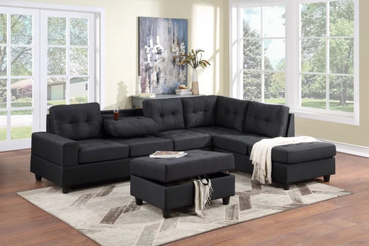 Heights - Reversible Sectional + Storage Ottoman (Black Linen) (HH)