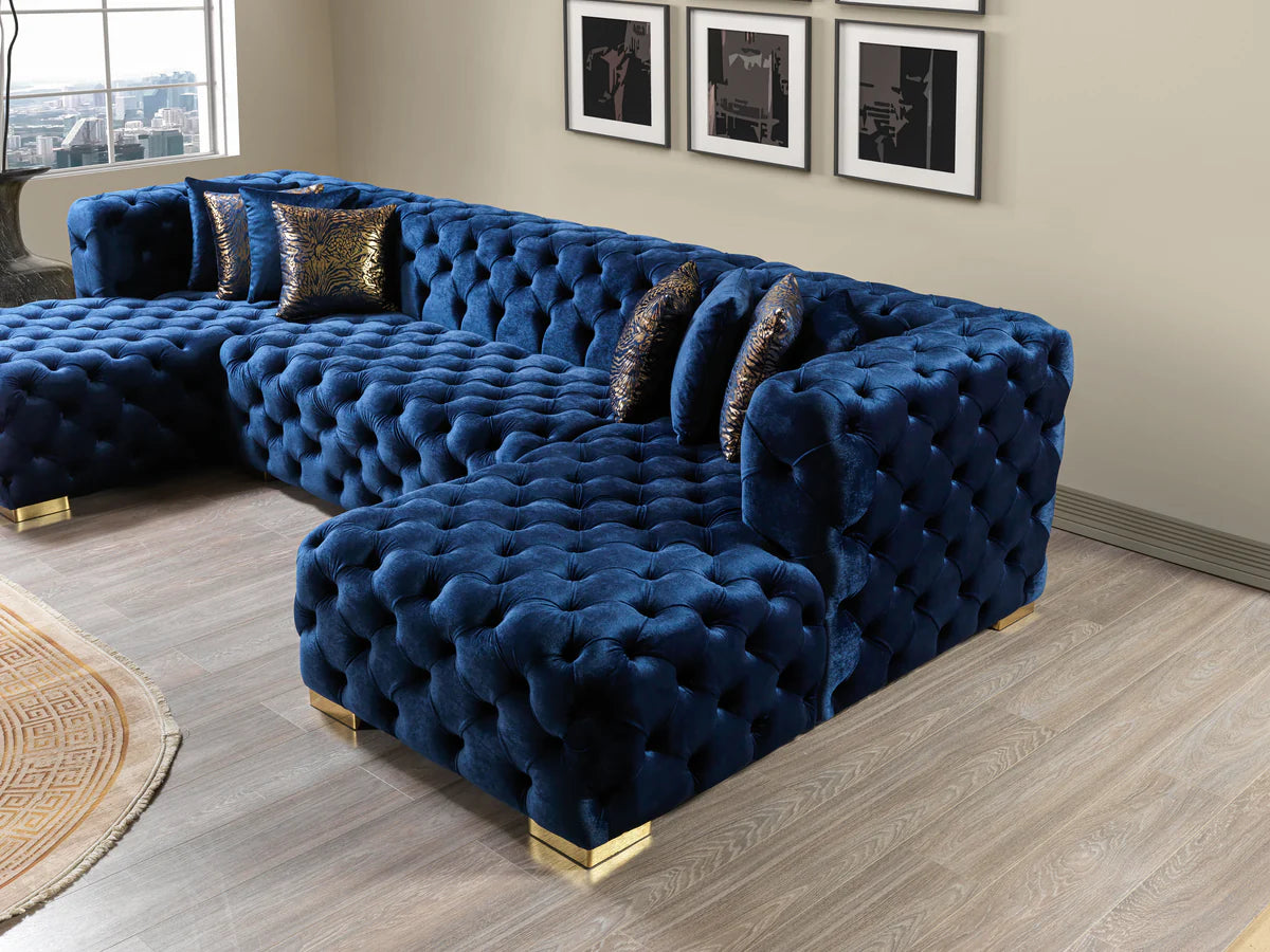 Neva Blue Velvet Double Chaise 138" Sectional