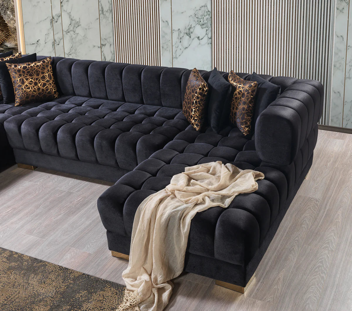 Ariana Black Velvet Double Chaise 138" Sectional (N)