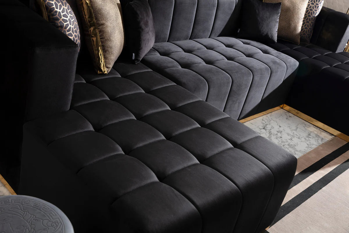 Elisha Black Velvet Double Chaise 140" Sectional