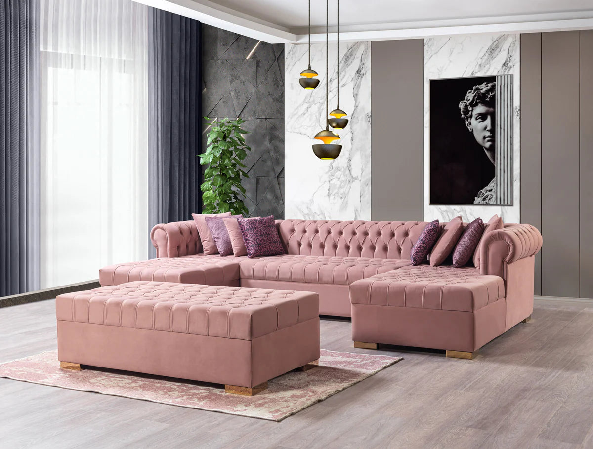 Lauren Pink Velvet Double Chaise 136" Sectiona