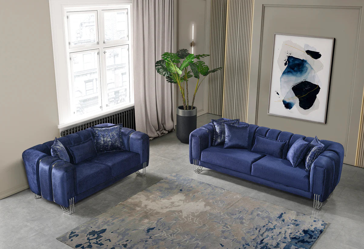 Santana Navy Velvet Sofa 89" & Loveseat 69"