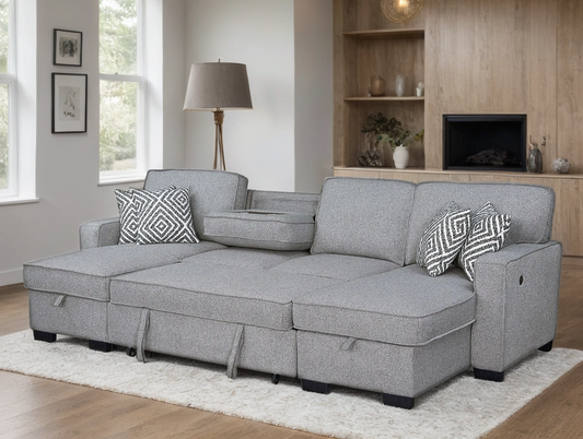 Sahara Gray - Double Storage Chaise Sectional w/ Drop Down Cupholders (HH)