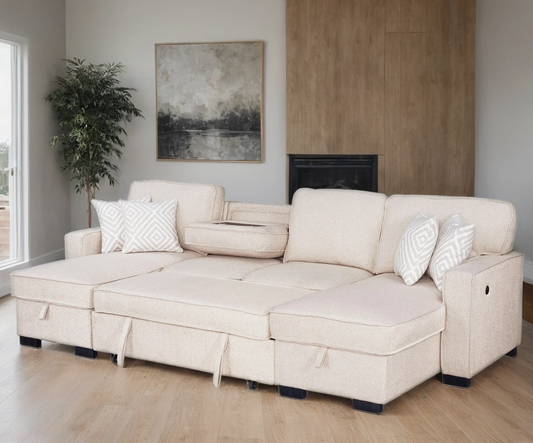 Sahara Beige - Double Storage Chaise Sectional w/ Drop Down Cupholders (HH)