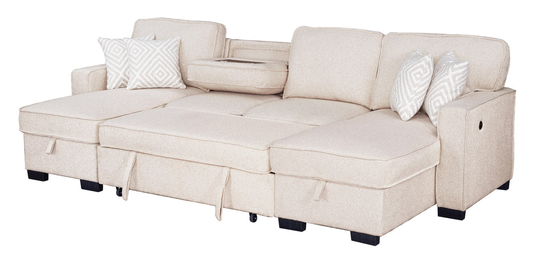 Sahara Beige - Double Storage Chaise Sectional w/ Drop Down Cupholders (HH)