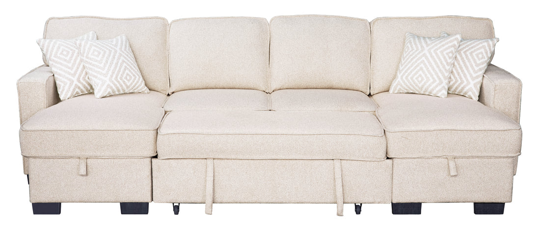 Sahara Beige - Double Storage Chaise Sectional w/ Drop Down Cupholders (HH)