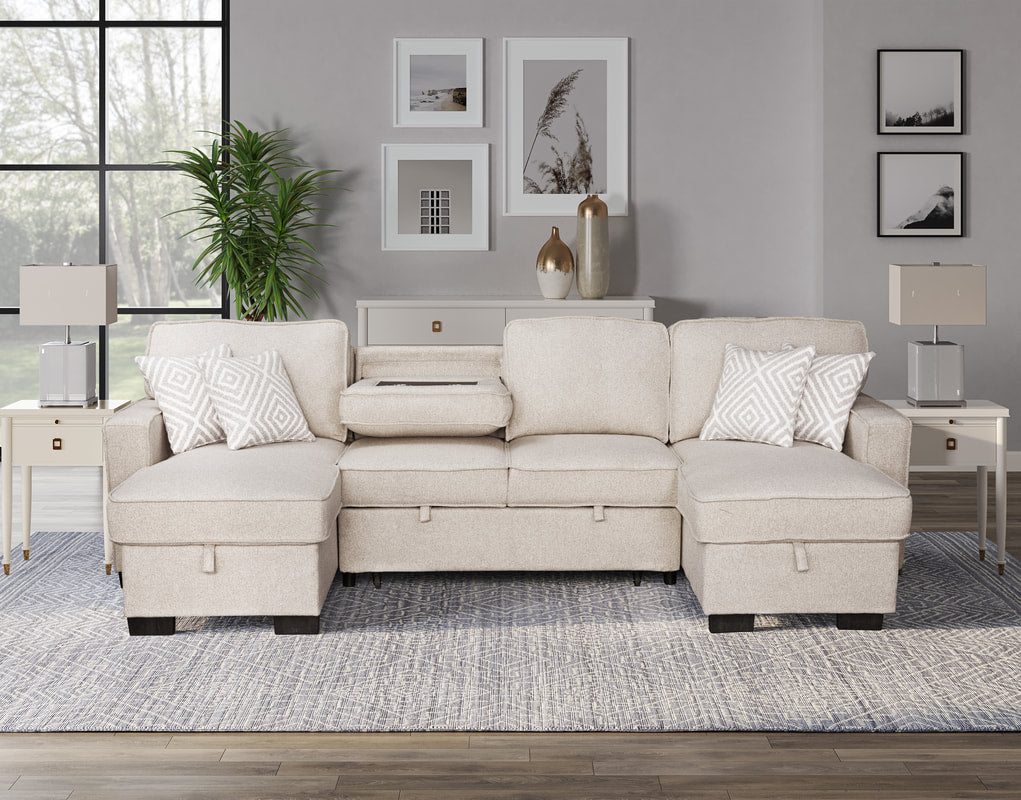 Sahara Beige - Double Storage Chaise Sectional w/ Drop Down Cupholders (HH)