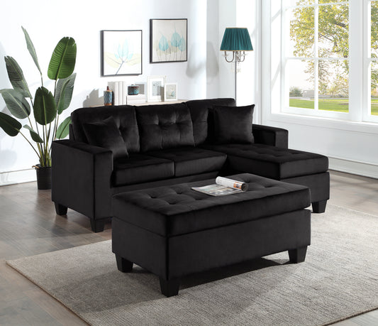 Naomi Black Velvet - Reversible Sectional & Ottoman Set (HH)